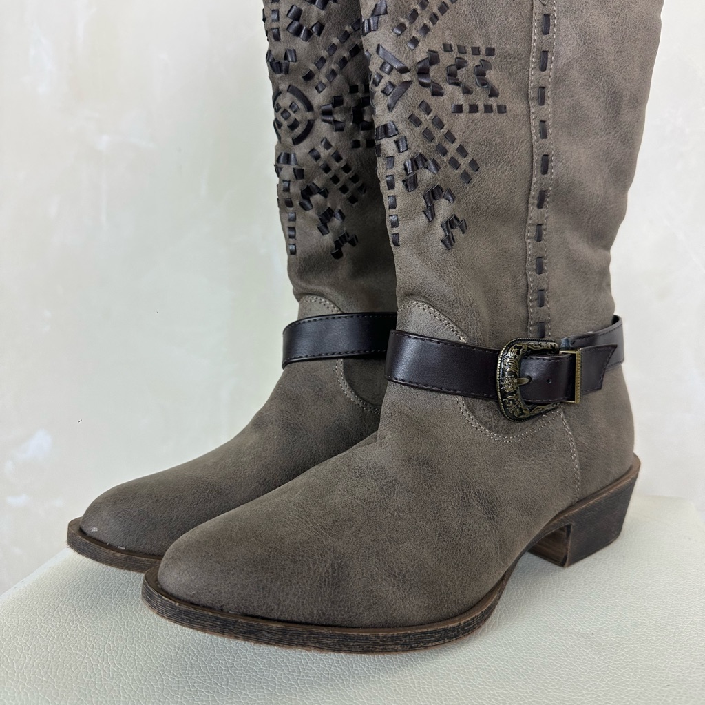 Maurices Taupe Heeled Boots With Black Buckle